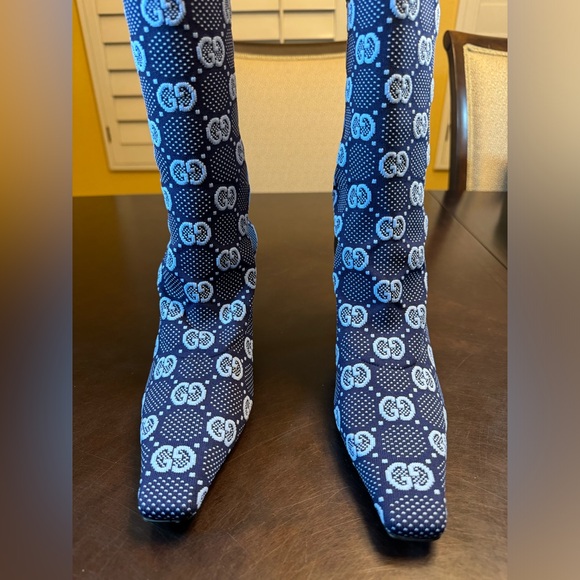 New Gucci GG Supreme Logo Knit Blue Knee High Boots Size 37.5 / US 7.5 - Picture 5 of 16
